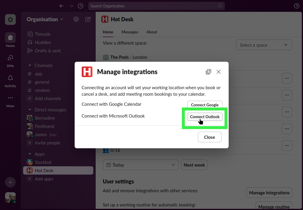 Integrations modal with the button to connect to Outlook Calendar highlighted
