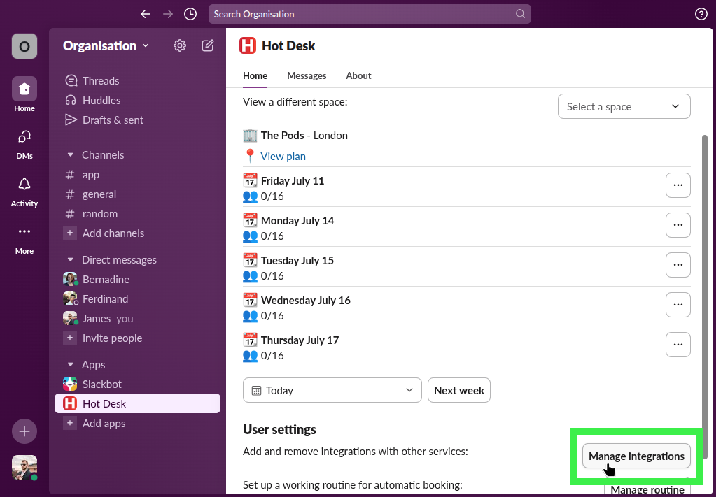 Hot Desk app within Slack with the manage integrations button highlighted