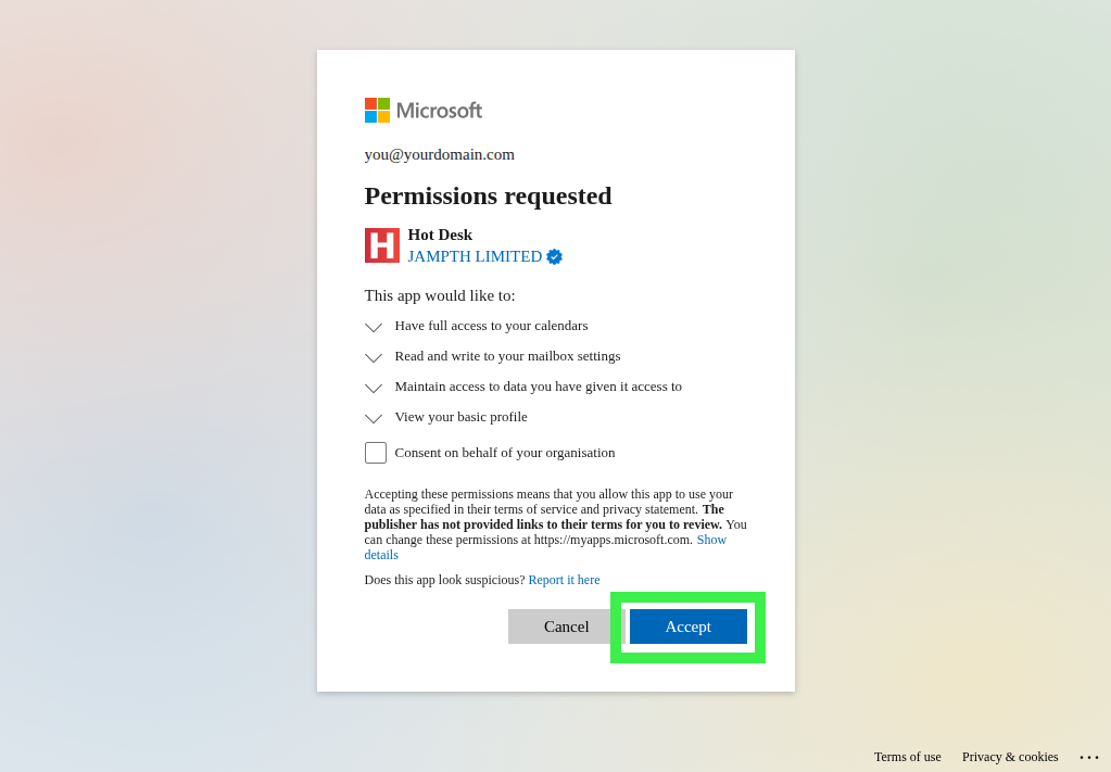 Outlook Calendar permissions summary screen with accept button highlighted