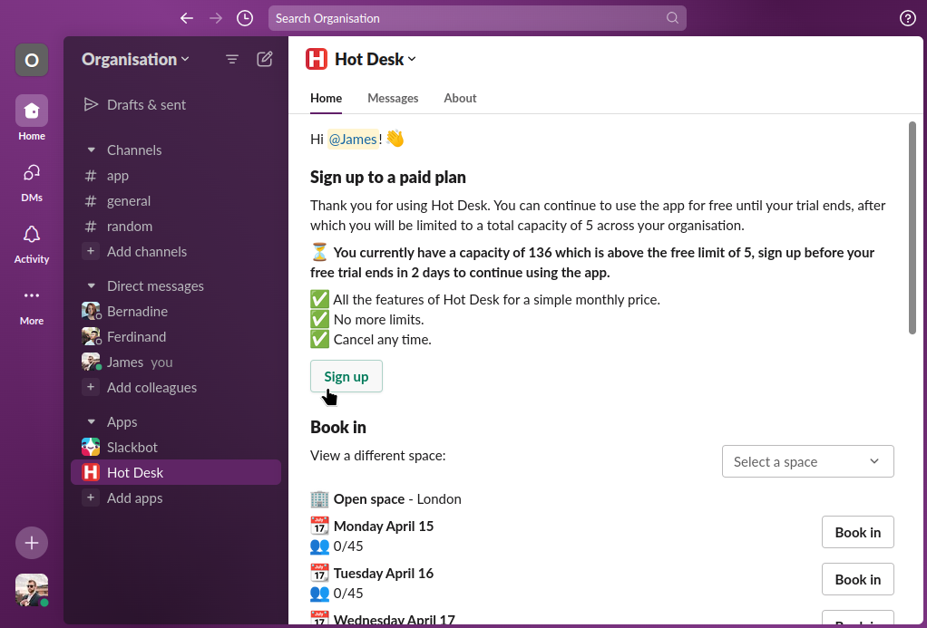 Image of the home screen in Hot Desk for Slack showing the sign up button