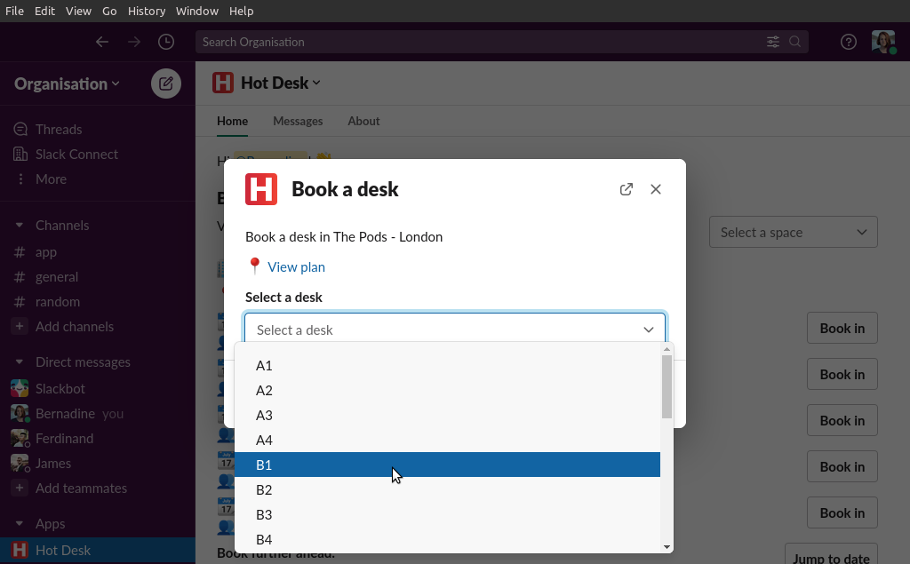 Image of a completed desk booking form in Hot Desk app