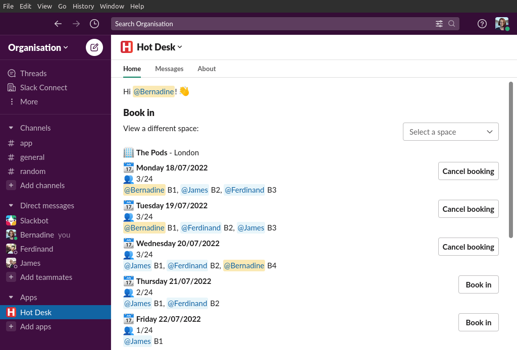 Image of an office schedule with multiple desk bookings in Hot Desk app