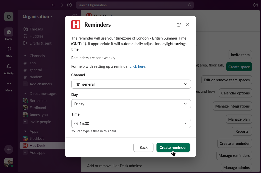Image of create reminder form completed in Hot Desk app