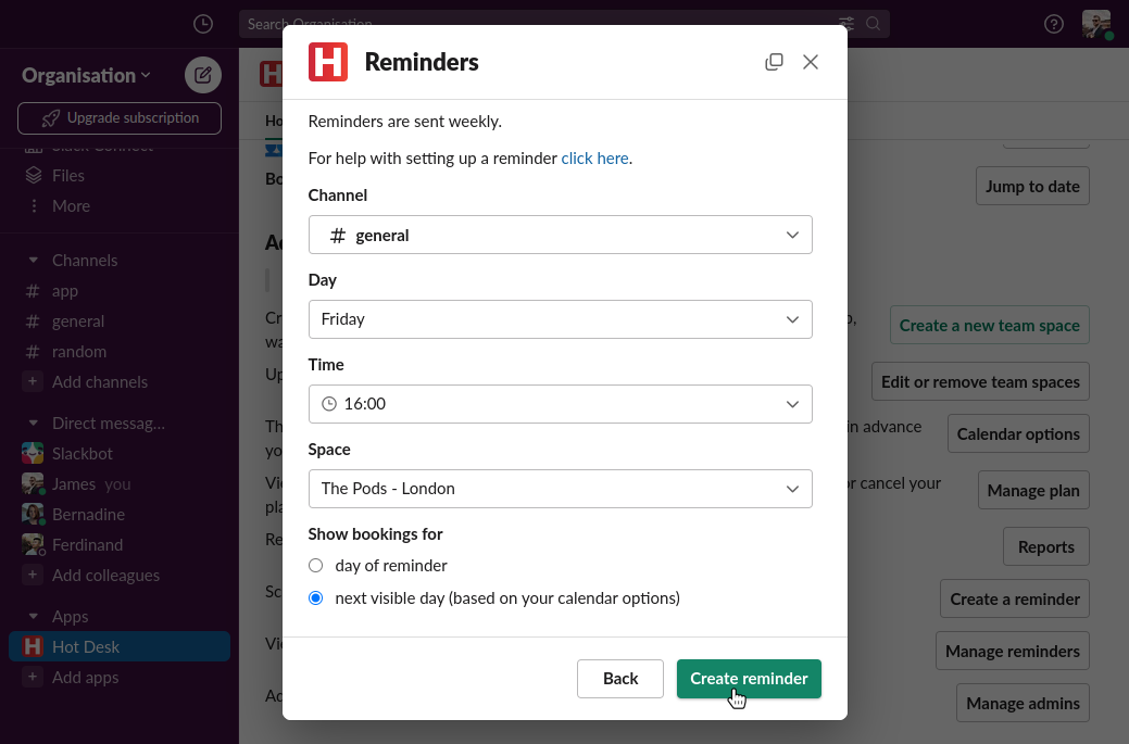 Image of create reminder form completed in Hot Desk app
