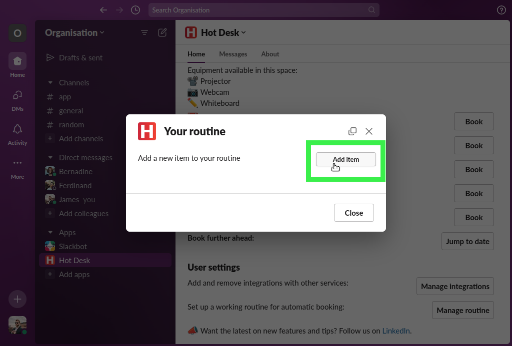 Manage routine modal showing the add item button highlighted