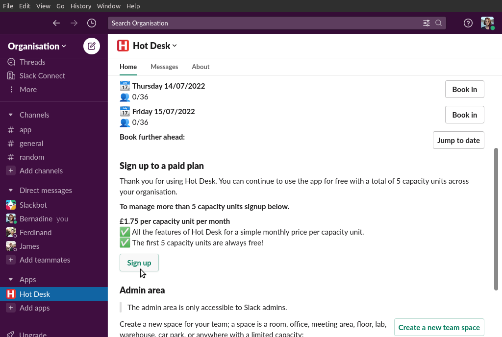 Image of the home screen in Hot Desk for Slack showing the sign up button