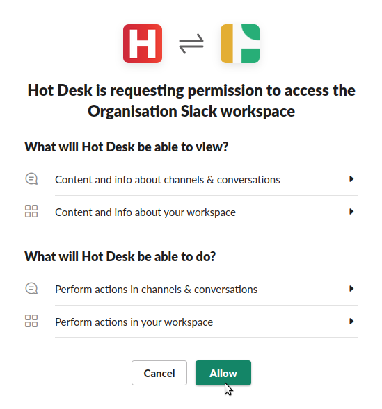 Image of Slack app directory permissions flow