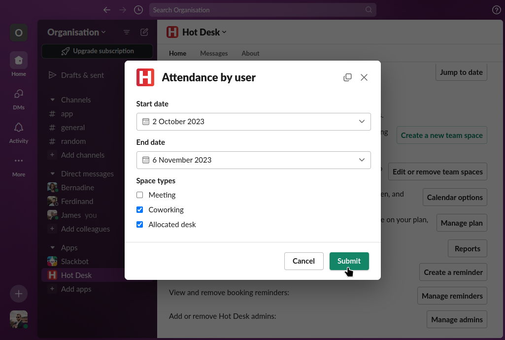 Image of user attendance report submit button in Hot Desk app