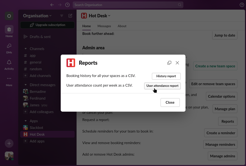 Image of Hot Desk app with pointer on user attendance report button